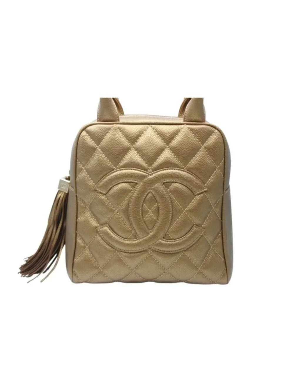 Chanel Handbag Caviar Leather CC Logo Fringe Gold